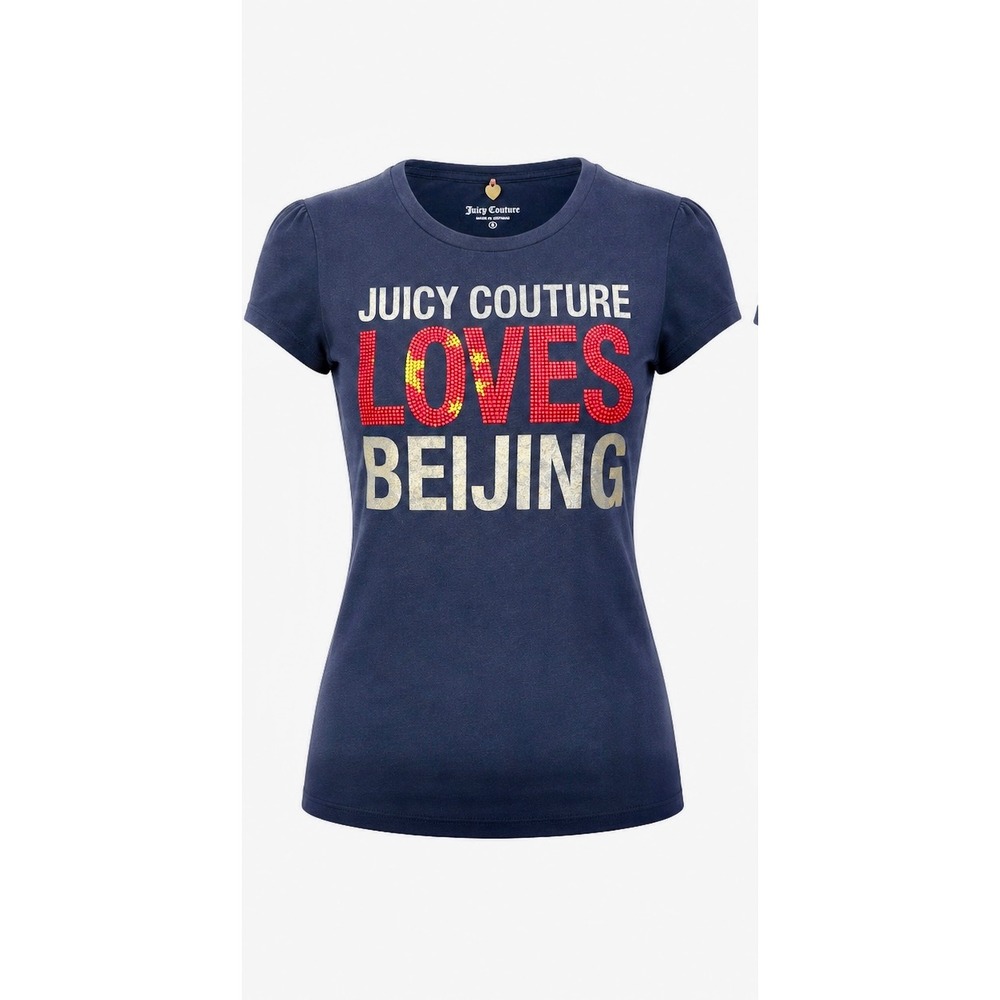 Y2K Juicy Couture Loves Beijing Navy Blue Graphic T-Shirt Short Sleeve McBling S